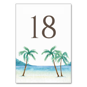 Wasserfarbene Palmen Tropische Strandhochzeit Tischnummer