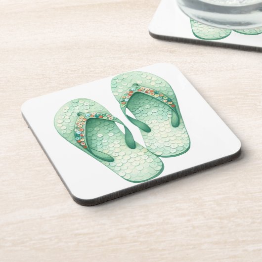 WASSERFARBENE PASTEL GRÜNE SEQUINIERTE FLIP-FLOPS GETRÄNKEUNTERSETZER (Linke Seite)