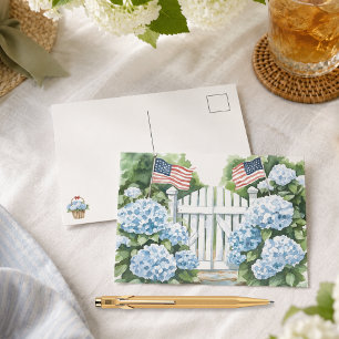 Wasserfarbene patriotische blaue Hortensien Cottag Feiertagspostkarte