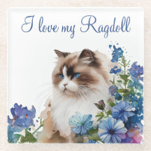 Wasserfarbene Pet Ragdoll Cat and Blue Flowers