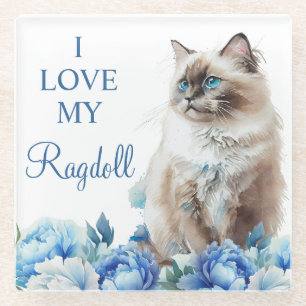 Wasserfarbene Pet Ragdoll Cat and Blue Flowers Glasuntersetzer