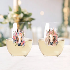Wasserfarbene Pferdeköpfe mit Blumenkränzen Weinglas Ohne Stiel