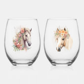 Wasserfarbene Pferdeköpfe mit Blumenkränzen Weinglas Ohne Stiel (Rückseite)