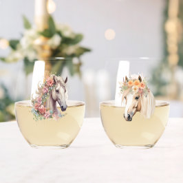 Wasserfarbene Pferdeköpfe mit Blumenkränzen Weinglas Ohne Stiel