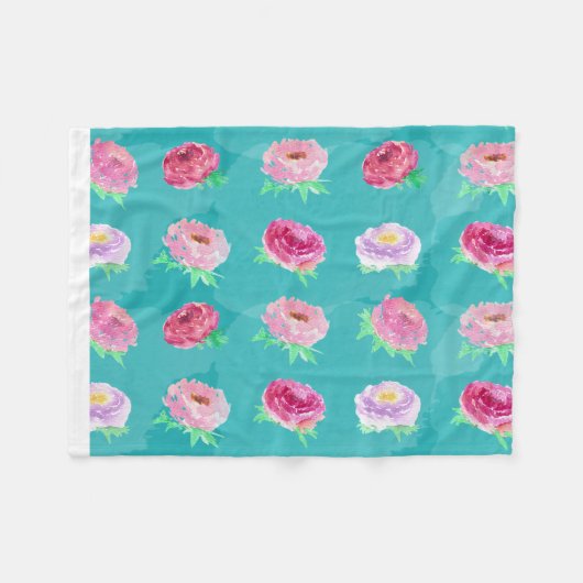 Wasserfarbene Pfingstrosen Florale Botanische Flee Fleecedecke (Vorderseite (Horizontal))