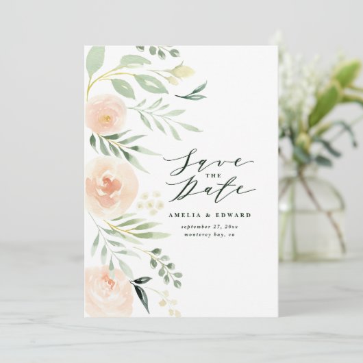 Wasserfarbene Pfirsichblüten & Blattwerk Hochzeit (Stehend Vorderseite)