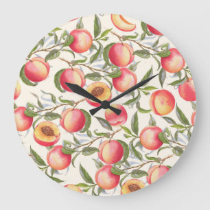 Wasserfarbene Pfirsiche, nahtlose Blumenmuster. Große Wanduhr