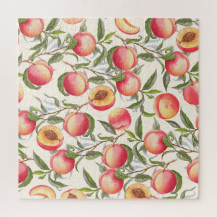 Wasserfarbene Pfirsiche, nahtlose Blumenmuster. Puzzle