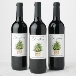 Wasserfarbene Pine Tree Calligrafy Ink Holiday Weinetikett