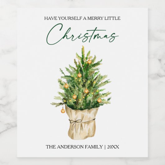 Wasserfarbene Pine Tree Calligrafy Ink Holiday Weinetikett (Einzelnes Label)
