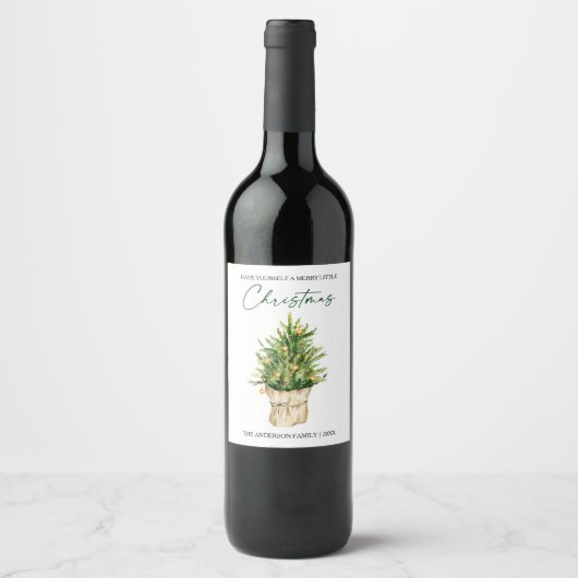 Wasserfarbene Pine Tree Calligrafy Ink Holiday Weinetikett (Vorderseite)