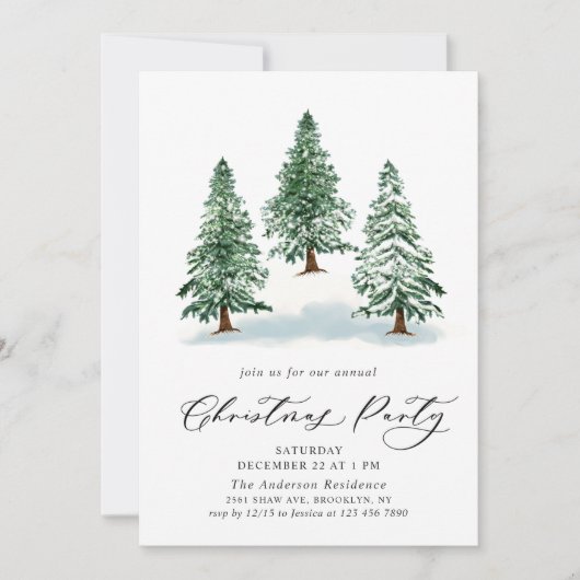 Wasserfarbene Pine Tree Chic Weihnachtsfeier Einladung (Vorderseite)