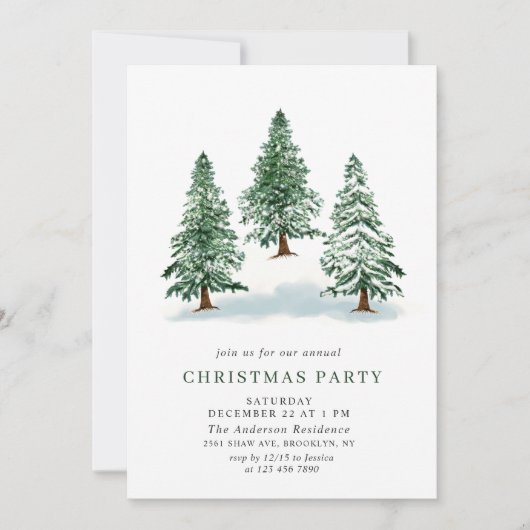 Wasserfarbene Pine Tree Chic Weihnachtsfeier Einladung (Vorderseite)
