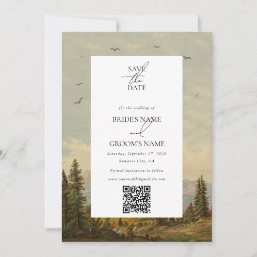 Wasserfarbene Pine Tree Forest Mountain Hochzeitli Save The Date (Vorderseite)