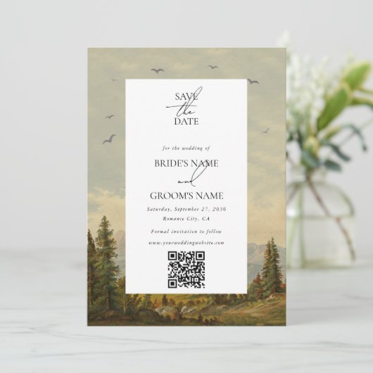 Wasserfarbene Pine Tree Forest Mountain Hochzeitli Save The Date (Stehend Vorderseite)