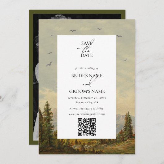 Wasserfarbene Pine Tree Forest Mountain Hochzeitli Save The Date (Vorne/Hinten)