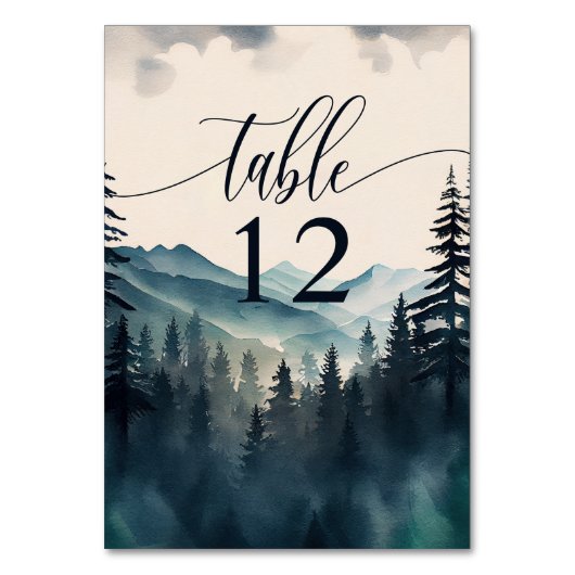 Wasserfarbene Pine Tree Hochzeit Tischnummer (Vorderseite)