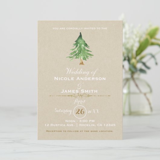 Wasserfarbene Pine Tree Rustic Kraft Hochzeit Einladung (Stehend Vorderseite)