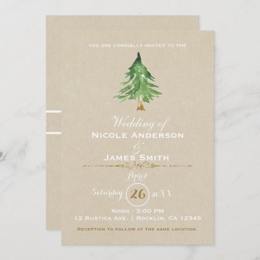 Wasserfarbene Pine Tree Rustic Kraft Hochzeit Einladung (Vorne/Hinten)