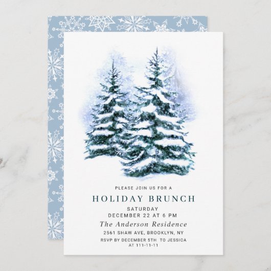Wasserfarbene Pine Tree Weihnachtsfeiertag Brunch Einladung (Vorne/Hinten)