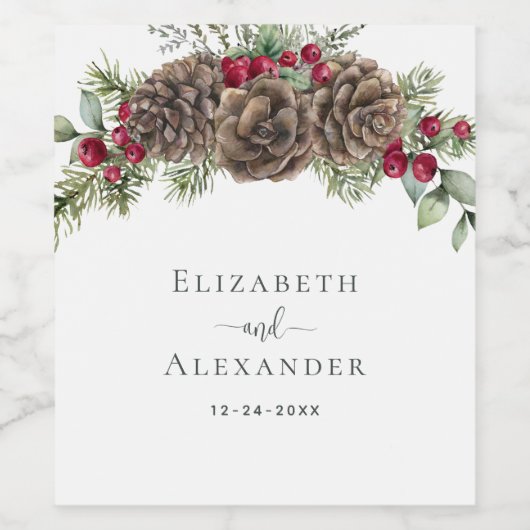 Wasserfarbene Pine Winter Berries Weihnachtsfeier Weinetikett (Einzelnes Label)