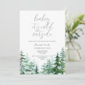 Wasserfarbene Pinienbäume kalt draußen Babydusche Einladung (Stehend Vorderseite)