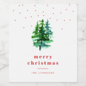 Wasserfarbene Pinienbäume mit Rotem Frohe Weihnach Weinetikett (Einzelnes Label)