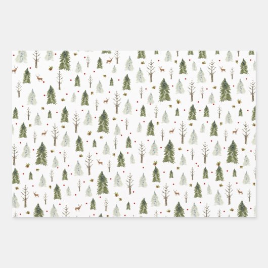 Wasserfarbene Pinienbäume Rote Grüne Streifen Weih Geschenkpapier Set (Vorderseite)