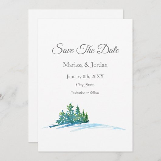 Wasserfarbene Pinienbäume Schneefall Save The Date (Vorne/Hinten)