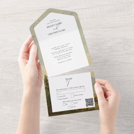 Wasserfarbene Pinienwälder Hochzeiten All In One Einladung (Abreißen)