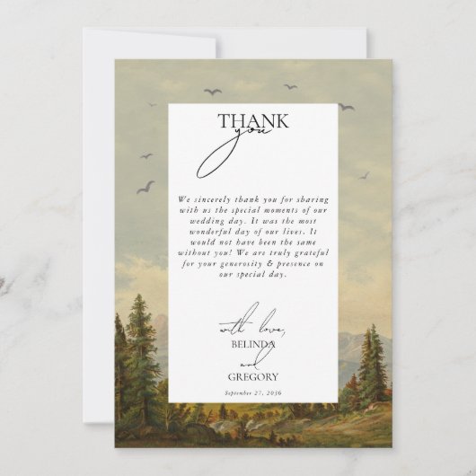 Wasserfarbene Pinienwälder Hochzeiten Dankeskarte (Vorderseite)