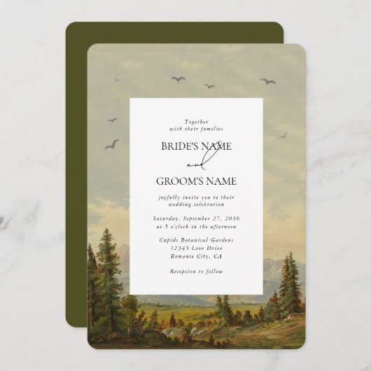 Wasserfarbene Pinienwälder Hochzeiten Einladung (Vorne/Hinten)
