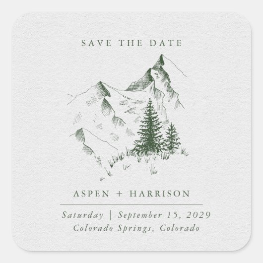 Wasserfarbene Pinienwälder Save the Date Karte Quadratischer Aufkleber (Vorderseite)