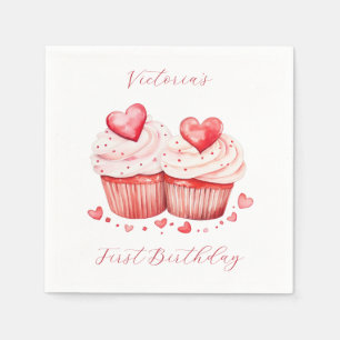 Wasserfarbene Pink Cupcakes & Hearts Geburtstagspa Serviette