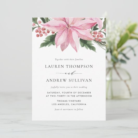 Wasserfarbene Pink Poinsettia Hochzeit der Blumen Einladung (Stehend Vorderseite)