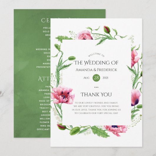 Wasserfarbene Pink-Poppies Hochzeit Programm (Vorne/Hinten)