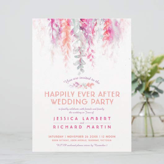 Wasserfarbene Reben korallenrot nach Hochzeitsfeie Einladung (Stehend Vorderseite)