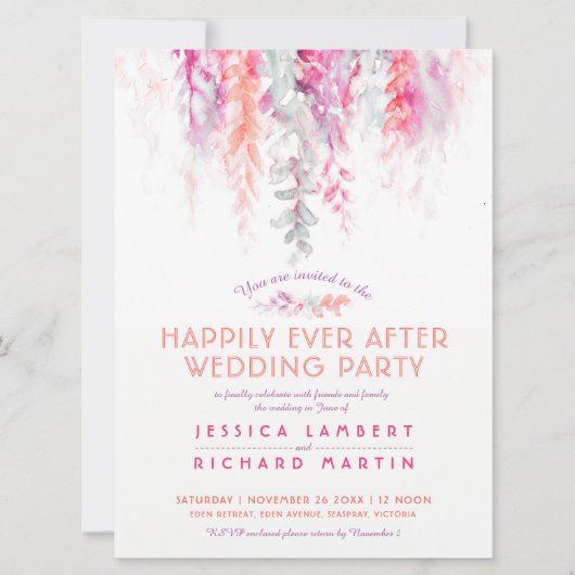 Wasserfarbene Reben korallenrot nach Hochzeitsfeie Einladung (Vorderseite)