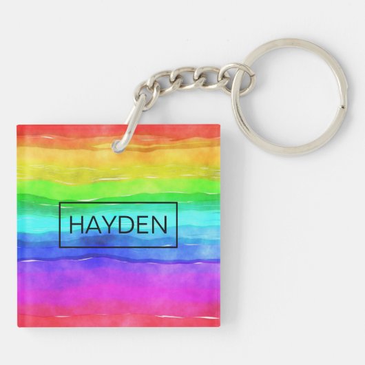 Wasserfarbene Regenbogenstreifen Personalisiert Schlüsselanhänger (Rückseite)