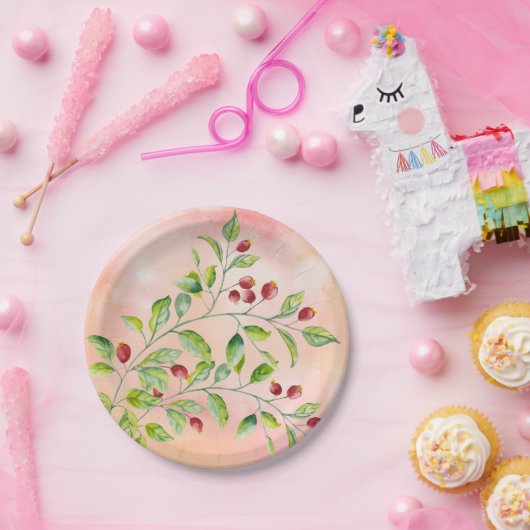 Wasserfarbene, rosa Berries und grüne Foliage Pappteller (Party)