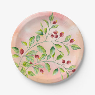 Wasserfarbene, rosa Berries und grüne Foliage Pappteller