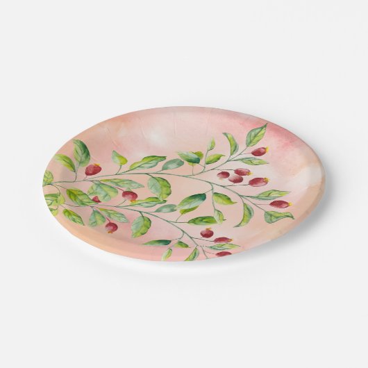 Wasserfarbene, rosa Berries und grüne Foliage Pappteller (Schrägansicht)