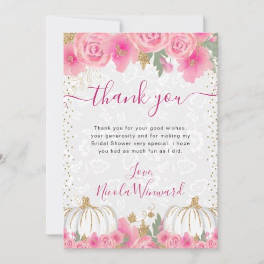Wasserfarbene rosa Blume fallen Pumpkin-Brautparty Dankeskarte (Vorderseite)