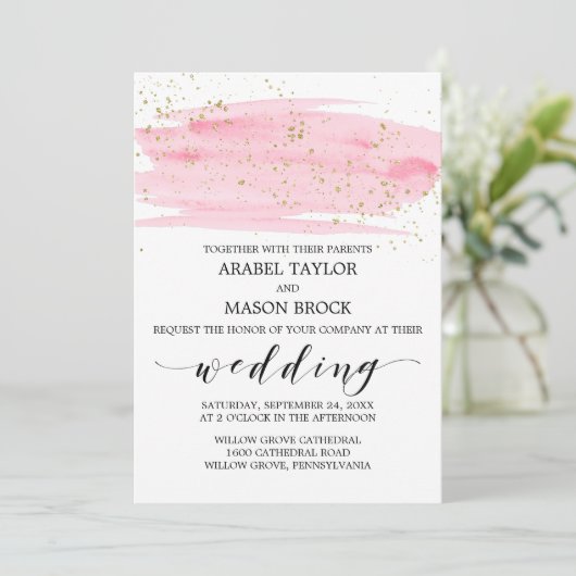 Wasserfarbene Rosa Blush and Gold Sparkle Wedding Einladung (Stehend Vorderseite)