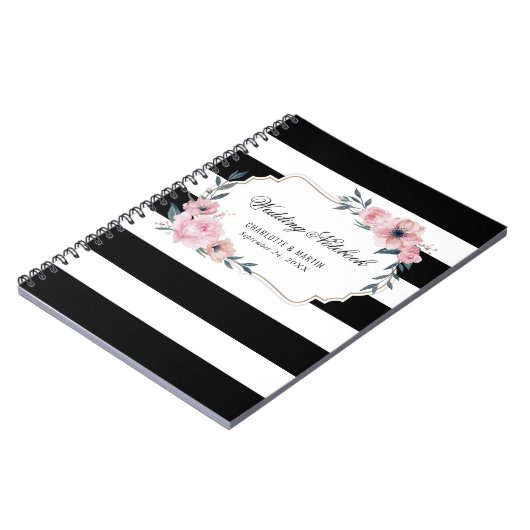 Wasserfarbene Rosa Blütenschwarz Streifen Hochzeit Notizblock (Linke Seite)