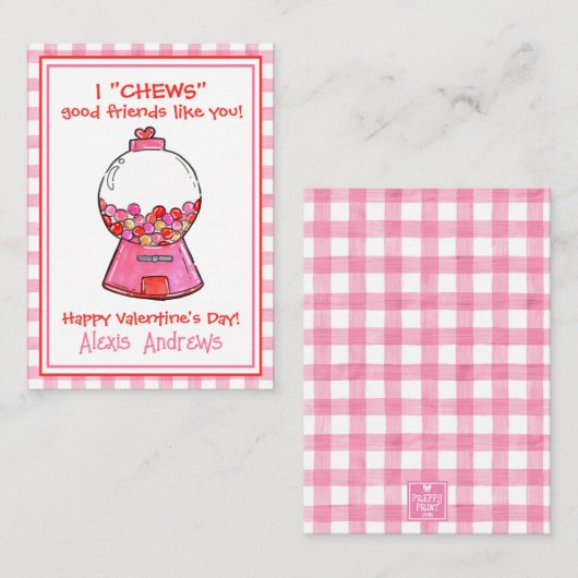 Wasserfarbene Rosa Gingham Gumballs Valentinische  Mitteilungskarte (Vorne/Hinten)