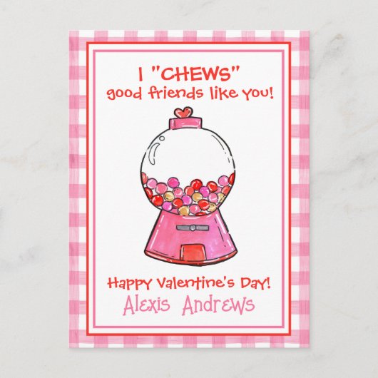 Wasserfarbene Rosa Gingham Gumballs Valentinische Postkarte (Vorderseite)