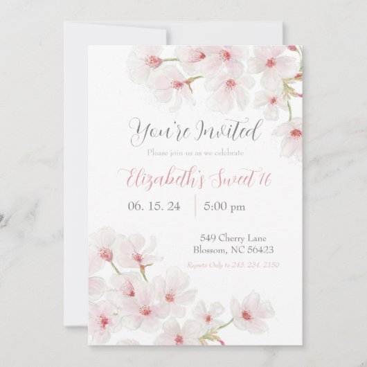 Wasserfarbene Rosa Kirschblüten Süß 16 Einladung (Vorderseite)