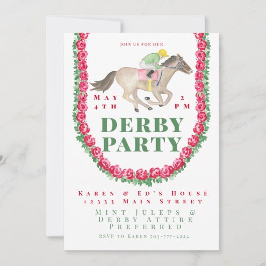 Wasserfarbene Rose Jockey auf Horse Derby Party Einladung (Vorderseite)