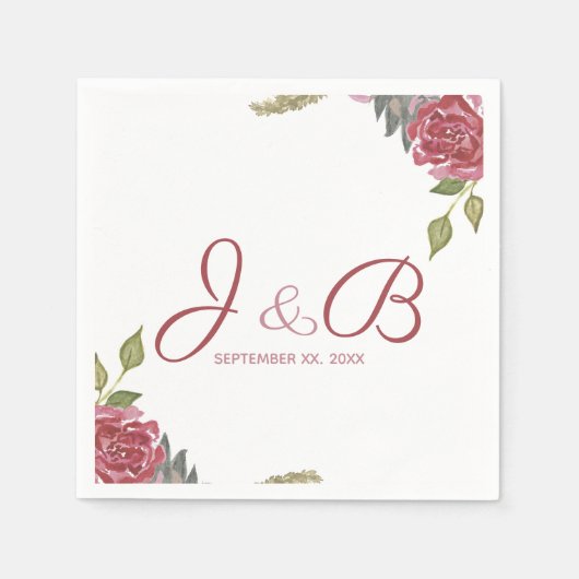 Wasserfarbene Rose Mit Monogramm Hochzeit Serviette (Vorderseite)